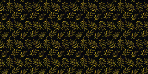 Seamless golden leafy branch pattern on dark background. Elegant botanical foliage illustration for luxury nature designs. Repeating plant texture ideal for wallpaper, fabric, and packaging. 