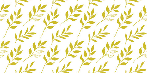 Seamless yellow leafy branch pattern on white background. Minimal botanical foliage illustration for modern nature designs. Repeating plant texture ideal for wallpaper, fabric, and packaging. 