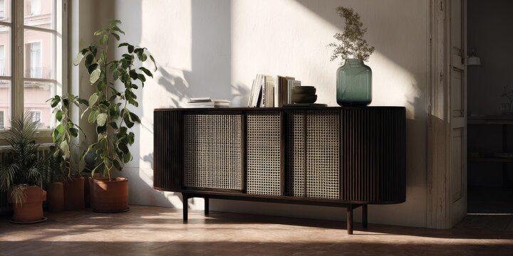 Japandi sideboard in modern apartment with decorative objects, minimalist design, elegant furniture, and cozy living space.