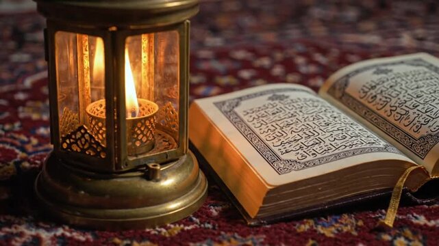 An open religious book lies beside an illuminated lantern on a patterned carpet viewed from a slight angle