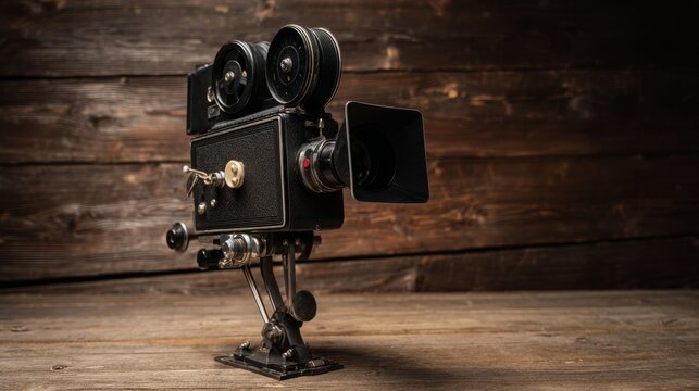 biographical. Vintage movie camera on a wooden surface with warm lighting. tutorial guides, club newsletters, designed for tourism and weekend activity guides, inspires participation.
