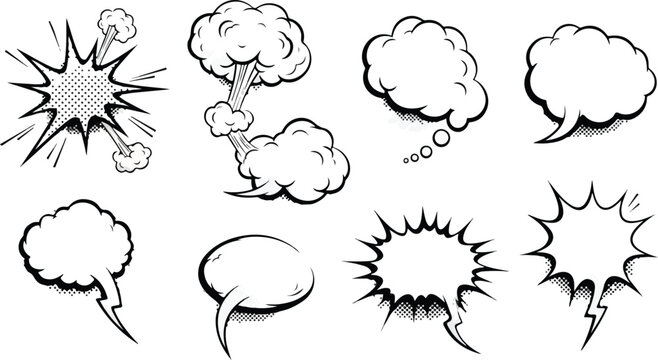 Collection of comic speech bubbles and explosion effects in black and white illustrations