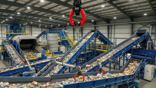 Automated Sorting Of Mixed Waste Materials By Robotic Arms On Conveyor Belts In Modern Recycling Facility Machines Industrial Background For Sustainable Environmental Projects