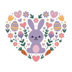 Obraz premium Colorful Bunny Illustration with Easter Flowers and Eggs in Heart Shape - Whimsical Spring Design in Pastel Colors for Holiday Decor