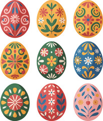 Fototapeta premium Set of colorful Easter eggs with folk art floral ornaments, decorative traditional Slavic and Scandinavian style patterns, vector illustration isolated on white.