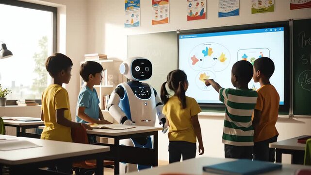 Curious children gathered around a whiteboard in a bright classroom, interacting with a projected graphic and a friendly white robot, captured from a wide-angle classroom perspective
