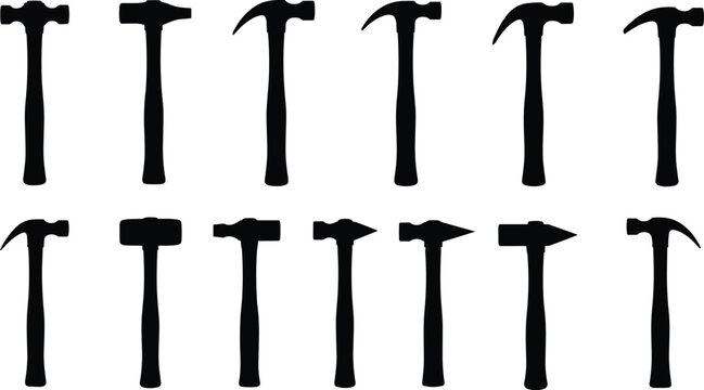 Black and white vector silhouette set of various industrial hammers including claw sledge and ball peen tools for construction carpentry and diy repair design