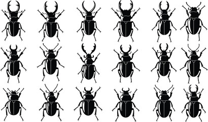 Black and white vector silhouette set of various stag beetles and insects with large mandibles for nature biology entomology and outdoor wildlife design, © Ashrat