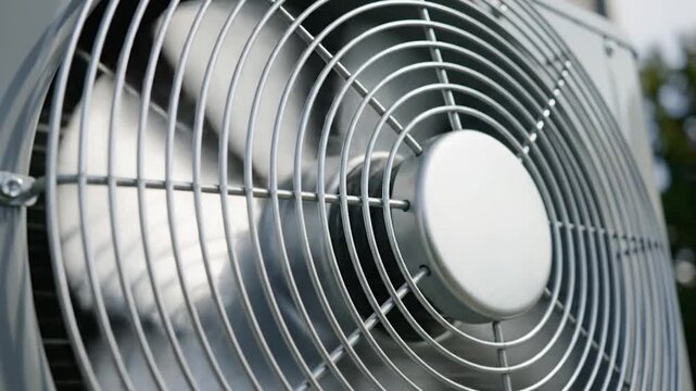 Closeup of outdoor cooling unit fan with metallic grill and blurred background