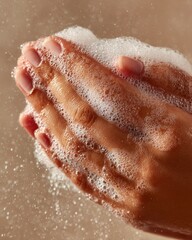 Fototapeta premium Elegant female hands washing with creamy soap foam, macro close-up showing smooth skin, subtle water droplets, soft natural light, luxury skincare concept, minimal beige background