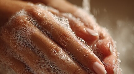 Fototapeta premium Elegant female hands washing with creamy soap foam, macro close-up showing smooth skin, subtle water droplets, soft natural light, luxury skincare concept, minimal beige background