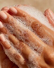 Obraz premium Elegant female hands washing with creamy soap foam, macro close-up showing smooth skin, subtle water droplets, soft natural light, luxury skincare concept, minimal beige background