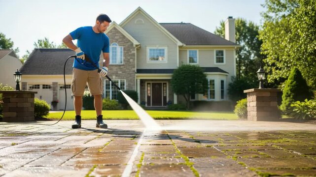 Man Pressure Washes Brick Paver Driveway In Front Of Large Two-story House On Sunny Day Showcasing Home Improvement Outdoor Cleaning Concepts