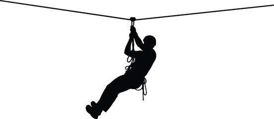 Black Silhouette of a Person Ziplining on a High Wire Cable Wearing a Helmet and Harness for Extreme Sports Adventure and Outdoor Recreation © Ashrat