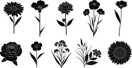 Flower silhouettes, botanical icons, petal shapes, leaf designs, black outline, floral art, nature elements, garden style, bloom variety, stem forms © Sohel