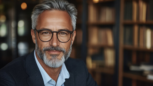 Mature businessman with gray hair and beard wearing glasses in a library setting