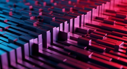 Obraz premium Abstract Digital Landscape with Geometric Bar Forms Illuminated by Vibrant Blue and Red Neon Lights Creating a Futuristic Abstract Background with