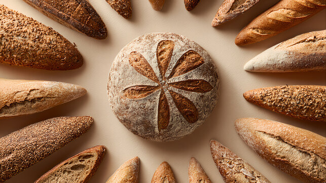 circular arrangement various artisan breads baguette sourdough crusty loaves seeds flat lay overhead aesthetic