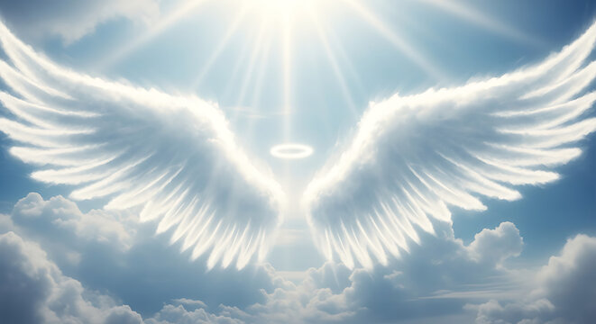 Majestic angel wings spread wide in a divine sky illuminated by heavenly light rays from above the clouds