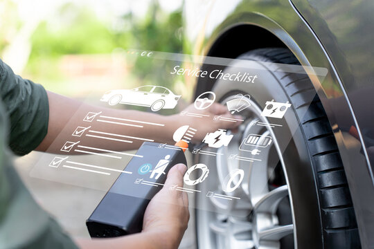 Pre-trip vehicle inspection and safety checklist concept, Man checklist for car condition before travel, Accident prevention, Road safety preparation, Risk reduction and readiness for a safe journey