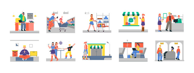 Set of 10 city life illustrations packs. Flat vector concepts.