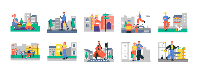 Fototapeta premium Set of 10 city life illustrations packs. Flat vector concepts.