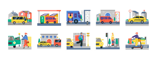 Obraz premium Set of 10 city life illustrations packs. Flat vector concepts.