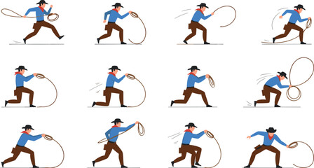 Cowboy lasso action pose character set western rodeo rope vector illustration © REYAD