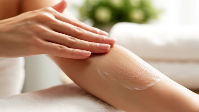 Hand applying lotion to a smooth arm
