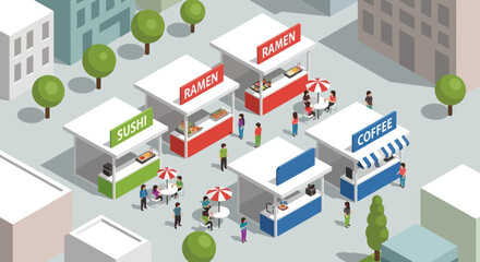 Colorful Food Stalls with People Shopping.
