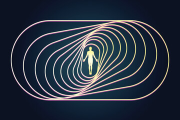 Abstract Digital Human Silhouette Centered in Glowing Concentric Geometric Tunnel