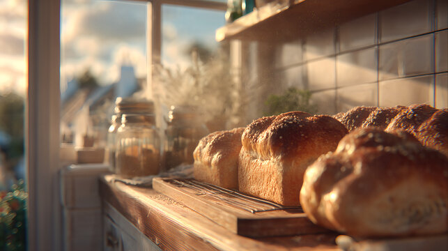 freshly baked golden challah loaves rustic kitchen windowsill sun dappled light home baking scene