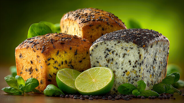 Assortment of fresh organic seeded bread loaves including chia and flaxseed varieties beautifully presented with fresh spinach and vibrant lime on dark background.