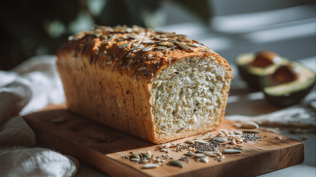 multigrain loaf whole healthy bread seeds pumpkin chia rustic wooden board avocado