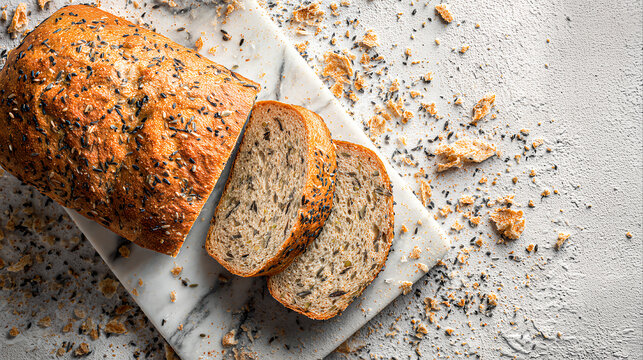 multigrain loaf healthy bread sliced marble cutting board seeds crunchy texture background