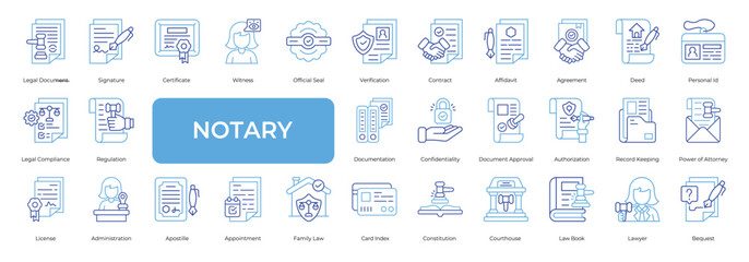 Notary Icon set Collection in Line Two Color Style. notary, legal, document, signature, certificate, verification
