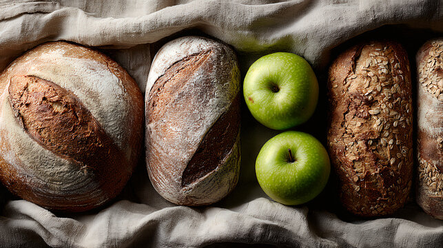 natural sourdough whole grain loaves six breads two green apples light fabric horizontal composition