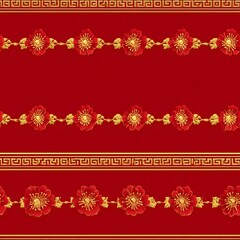 Rich red and gold seamless borders featuring classical Greek key patterns and detailed floral motifs, creating a luxurious and timeless decorative element.