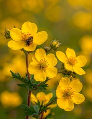 Close-up of yellow flowers with a bee, vibrant and in bloom, against a soft, blurred green and yellow background
