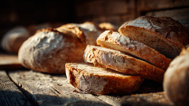 Rustic arrangement of freshly baked artisan bread slices and loaf on dark wooden table in atmospheric low light
