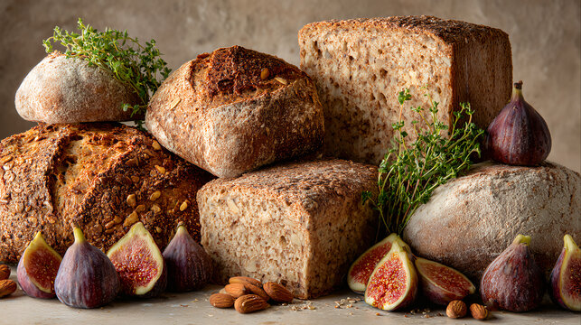 Rustic whole grain seeded bread loaves round square shapes figs almonds fresh thyme healthy baking