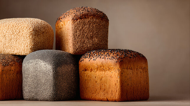 A stack of various high-fiber, square-shaped bread loaves featuring different seeded crusts, representing a healthy, organic bakery selection.