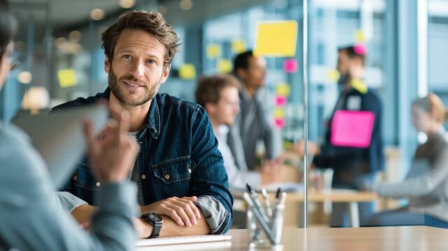 Professional Working in Open Office With Team Behind