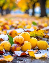 Fallen yellow fruits nestled among colorful leaves, snow dusted, on a path with blurred trees in the background