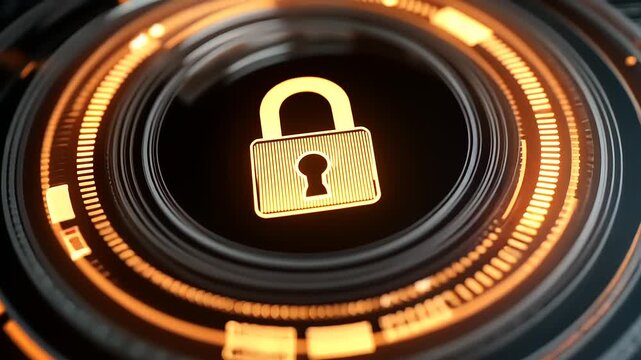 Digital lock symbol on a futuristic interface with glowing orange accents and circular patterns