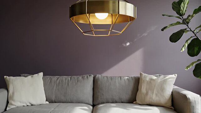 Modern living room with a deep purple accent wall, a beige sofa with plush cushions, a white coffee table, a geometric pendant light, and a large potted fiddle leaf fig tree near