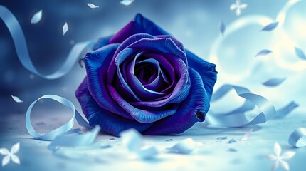 Single deep blue rose with falling petals and ribbons