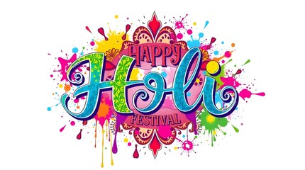 Happy Holi Festival text with colorful paint splatters