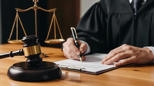 Judge In Courtroom Signing Documents On Desk With Gavel Scales Of Justice Behind Legal Proceedings Used For Justice Concepts Law Practices