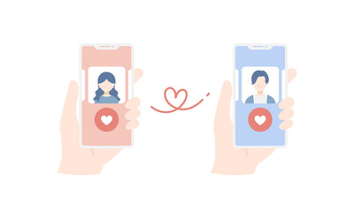 スマホのマッチングアプリで知り合った男女のベクターイラスト 。婚活･恋活･カップル成立･赤い糸 (フラットデザイン)